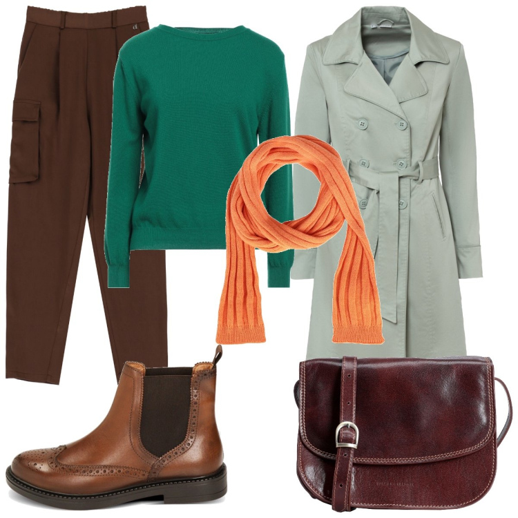 Outfit donna - La terra dei cachi. Stile Casual per Tutti i giorni. Abbinamento con trench, borse a tracolla, pullovers, sciarpe, pantaloni, stivaletti chelsea.