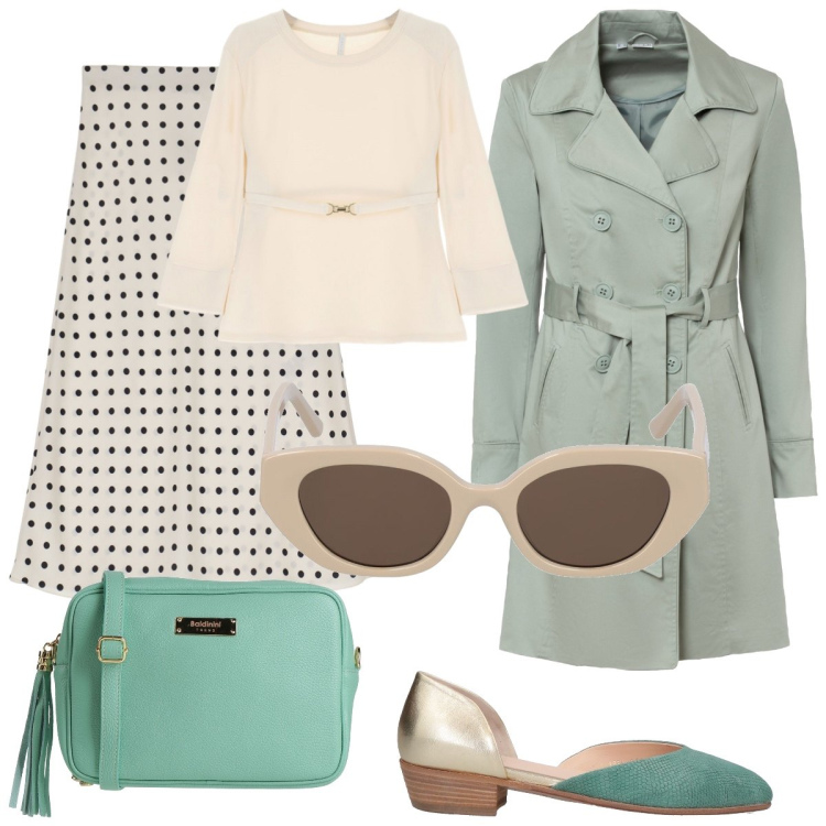 Outfit donna - Vacanze romane. Stile Bon Ton per Serata fuori. Abbinamento con trench, décolleté, borse a tracolla, maglieria, gonne longuette, occhiali da sole.