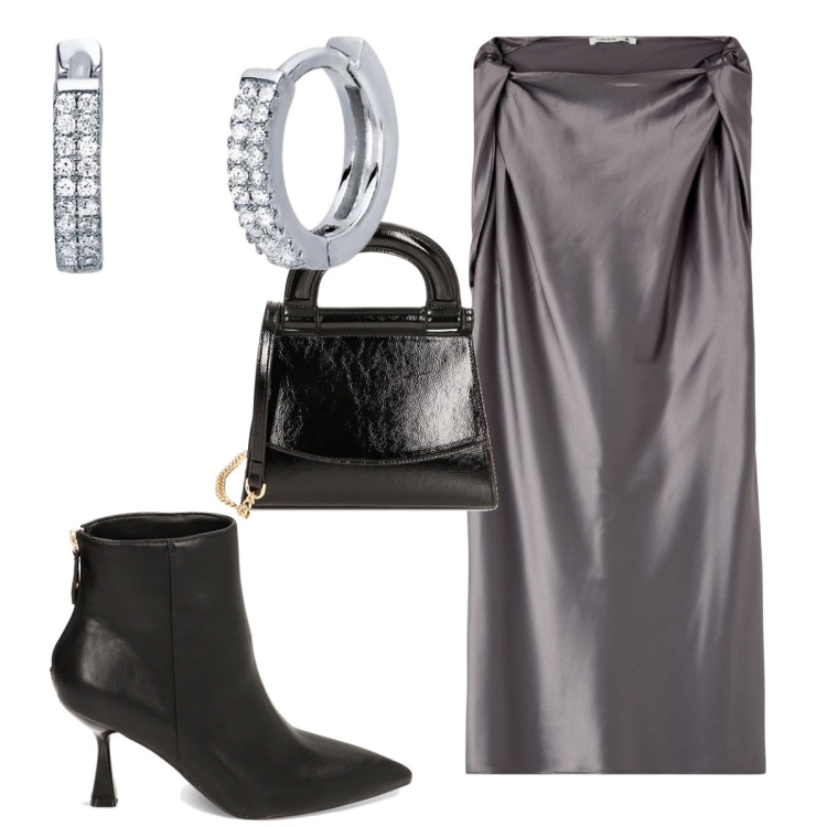 Outfit donna - Total look #1813914. Stile Trendy per Serata fuori. Abbinamento con vestiti corti, orecchini, borse a mano, stivaletti.