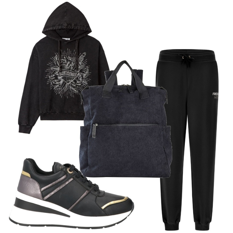 Outfit donna - Total look #1813921. Stile Basic per Sport. Abbinamento con zaini, sneakers, felpe con cappuccio, pantaloni.
