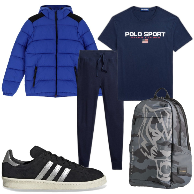 Outfit uomo - Total look #1813934. Stile Trendy per Sport. Abbinamento con borse sportive, piumini, pantaloni, t-shirt, sneakers.