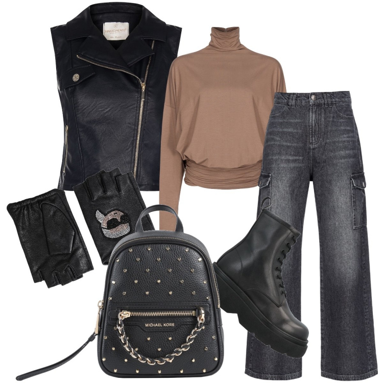 Outfit donna - Vita spericolata. Stile Rock per Serata fuori. Abbinamento con guanti, zaini, stivaletti, maglieria, jeans, gilet.