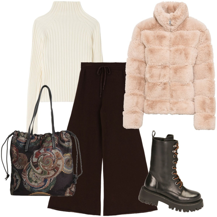 Outfit donna - Il tessuto a rete. Stile Casual chic per Tutti i giorni. Abbinamento con ecopellicce, borse a mano, maglieria, pantaloni a palazzo, anfibi.