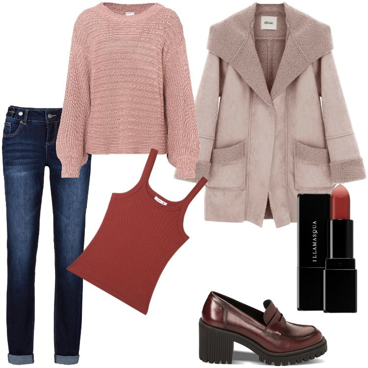 Outfit donna - Oversize-Febbraio. Stile Trendy per Tutti i giorni. Abbinamento con maglieria, jeans boyfriend, rossetti, canottiere, mocassini, cappotti.