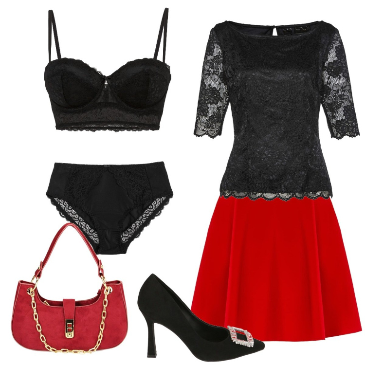 Outfit donna - Se stiamo insieme. Stile Romantica per Serata fuori. Abbinamento con reggiseni a balconcino, slip, bluse, minigonne, décolleté, borse a spalla.