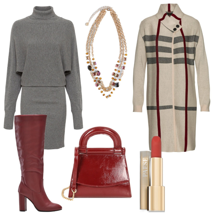 Outfit donna - San Valentino. Stile Chic per Tutti i giorni. Abbinamento con vestiti, cardigans, stivali sopra il ginocchio, rossetti, borse a mano, collane.