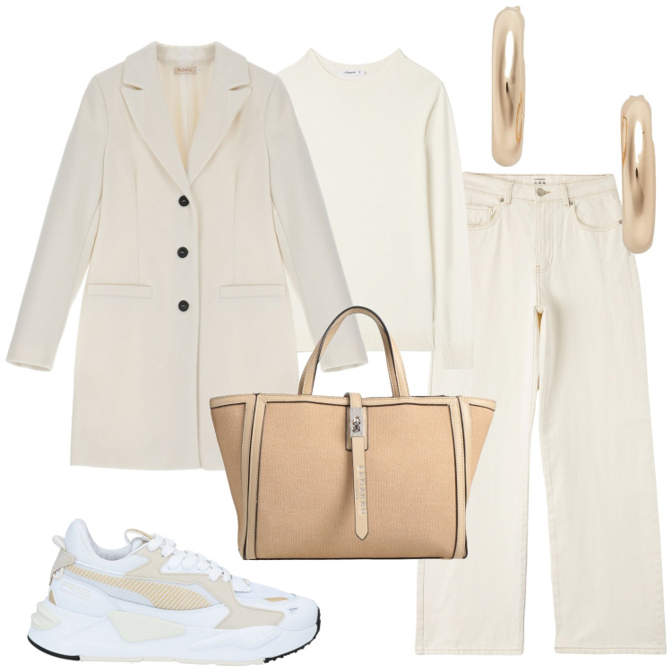 Outfit donna - City. Stile Casual chic per Tutti i giorni. Abbinamento con sneakers, borse a mano, pantaloni, maglieria, cappotti, orecchini.