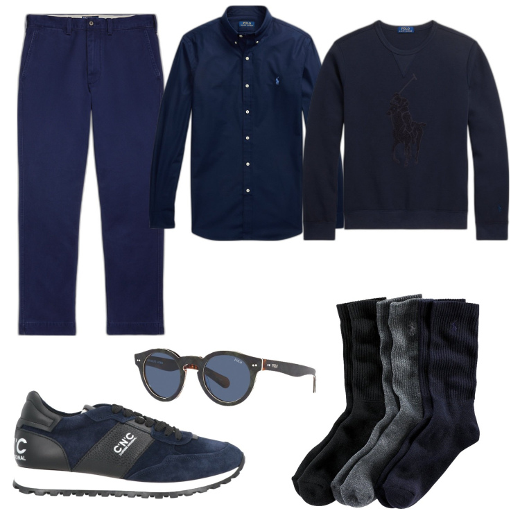 Outfit uomo - Total blue. Stile Casual per Tutti i giorni. Abbinamento con sneakers, camicie, calzini, occhiali da sole, pantaloni chino, felpe.