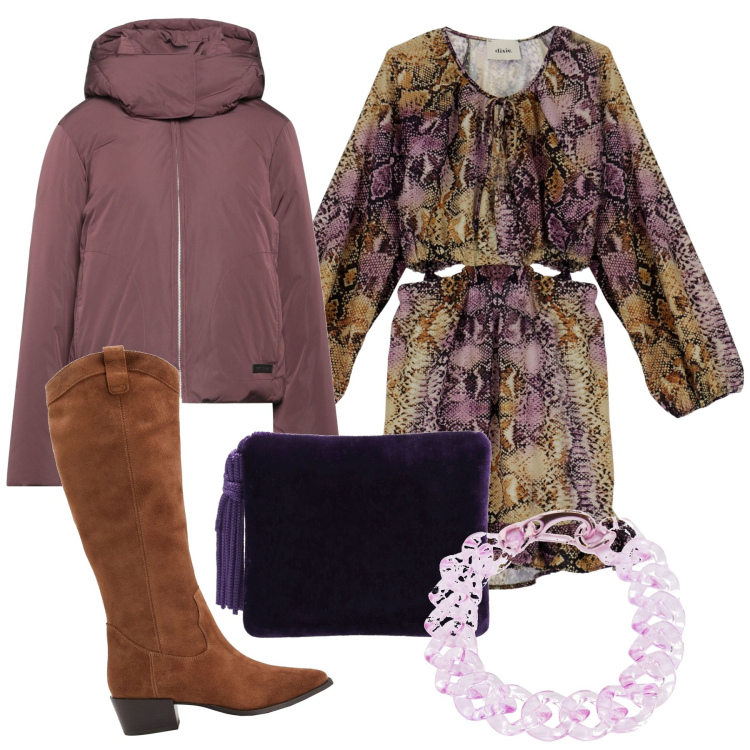 Outfit donna - Inverno. Stile Chic per Serata fuori. Abbinamento con stivali, piumini, collane, vestiti corti, pochette.