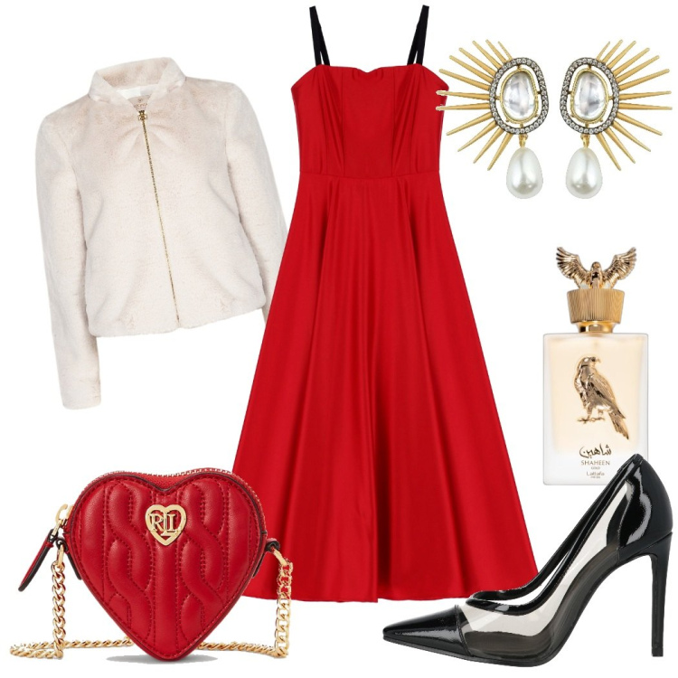 Outfit donna - Mariposa. Stile Glamour per Serata fuori. Abbinamento con orecchini, décolleté, blazer, profumi, vestiti midi/longuette, pochette.