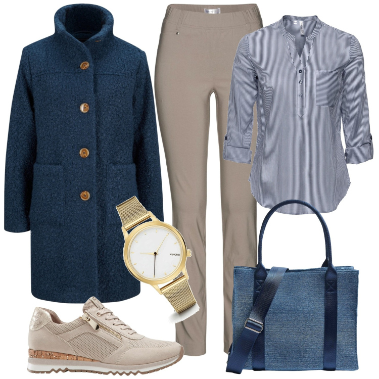 Outfit donna - Mannish chic. Stile Casual chic per Tutti i giorni. Abbinamento con tuniche, cappotti, pantaloni, sneakers, orologi, shopping bag.