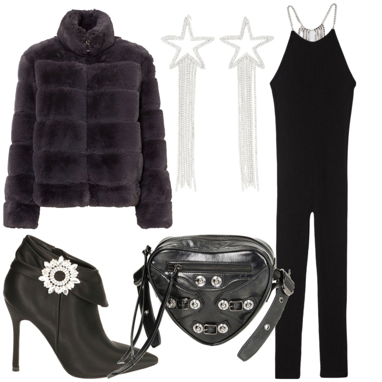 Outfit donna - \'Zitti e buoni" 2021. Stile Glamour per Serata fuori. Abbinamento con ecopellicce, tute, borse a tracolla, stivaletti, orecchini.