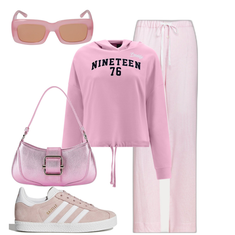 Outfit donna - City. Stile Sporty chic per Tutti i giorni. Abbinamento con felpe con cappuccio, pantaloni, sneakers, borse a spalla, occhiali da sole.