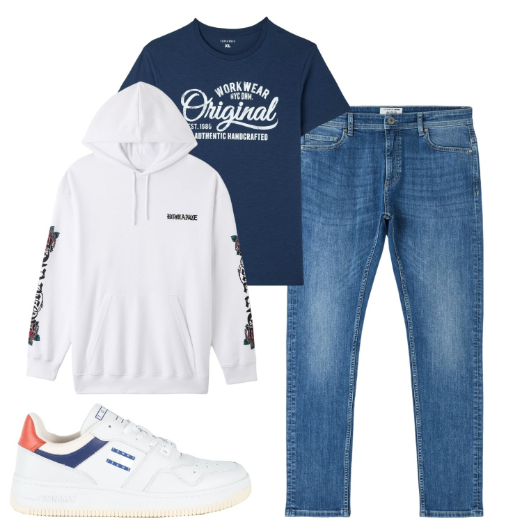 Outfit uomo - City. Stile Casual per Tutti i giorni. Abbinamento con sneakers, t-shirt, felpe con cappuccio, jeans skinny.