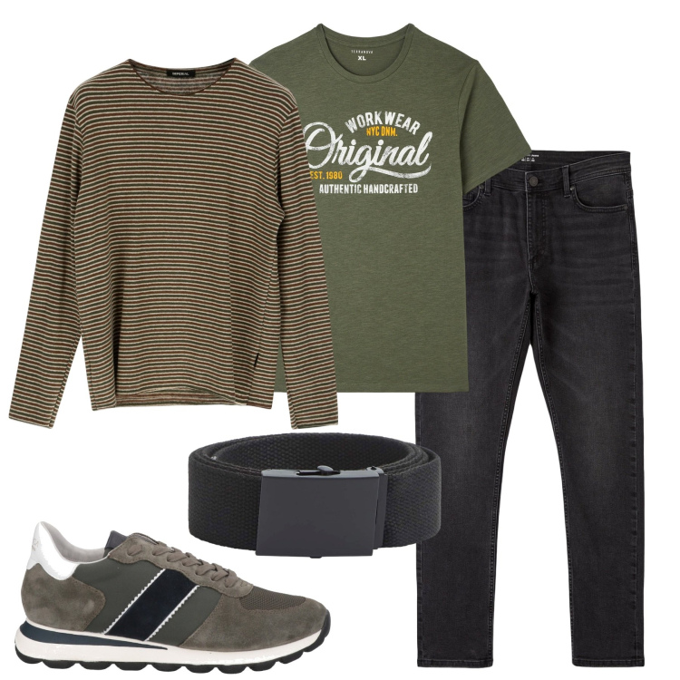 Outfit uomo - Total look #1814162. Stile Casual per Tutti i giorni. Abbinamento con sneakers, t-shirt, jeans skinny, cinture, felpe.