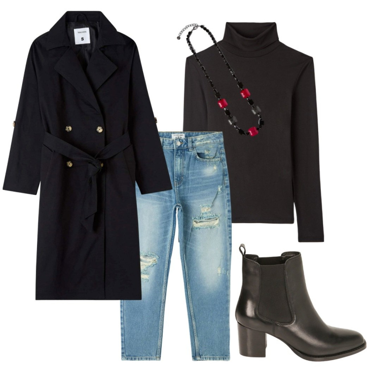 Outfit donna - Prova Degustazione. Abbinamento con jeans mom, trench, t-shirt, stivaletti chelsea, collane.