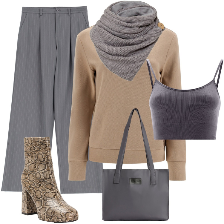 Outfit donna - Grigio & cammello. Stile Glamour per Ufficio. Abbinamento con foulard, stivaletti, pantaloni a palazzo, felpe, shopping bag, top.