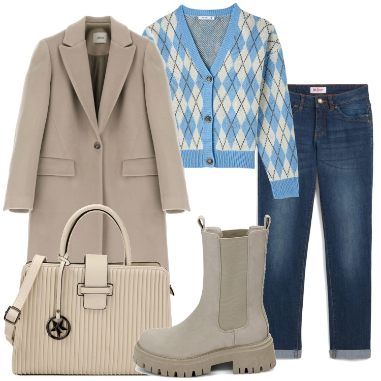 Outfit donna - Casul di giorno. Stile Casual per Tutti i giorni. Abbinamento con jeans dritti, cardigans, borse a mano, stivaletti chelsea, cappotti.