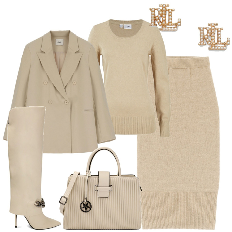 Outfit donna - Monochrome. Stile Trendy per Tutti i giorni. Abbinamento con maglieria, stivali, borse a mano, gonne longuette, blazer, orecchini.