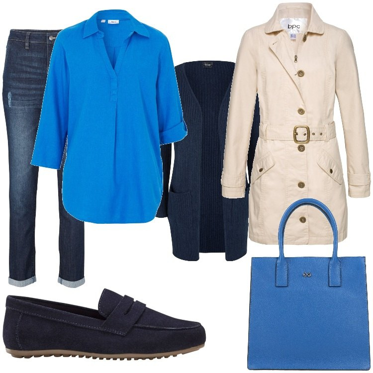 Outfit donna - Blu elettrico a primavera. Stile Casual per Tutti i giorni. Abbinamento con bluse, mocassini, trench, jeans boyfriend, cardigans, borse a mano.