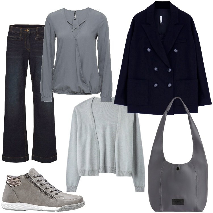 Outfit donna - blu notte e grigio. Stile Casual per Scuola/Università. Abbinamento con sneakers alte, jeans, bluse, cardigans, blazer, borse a spalla.