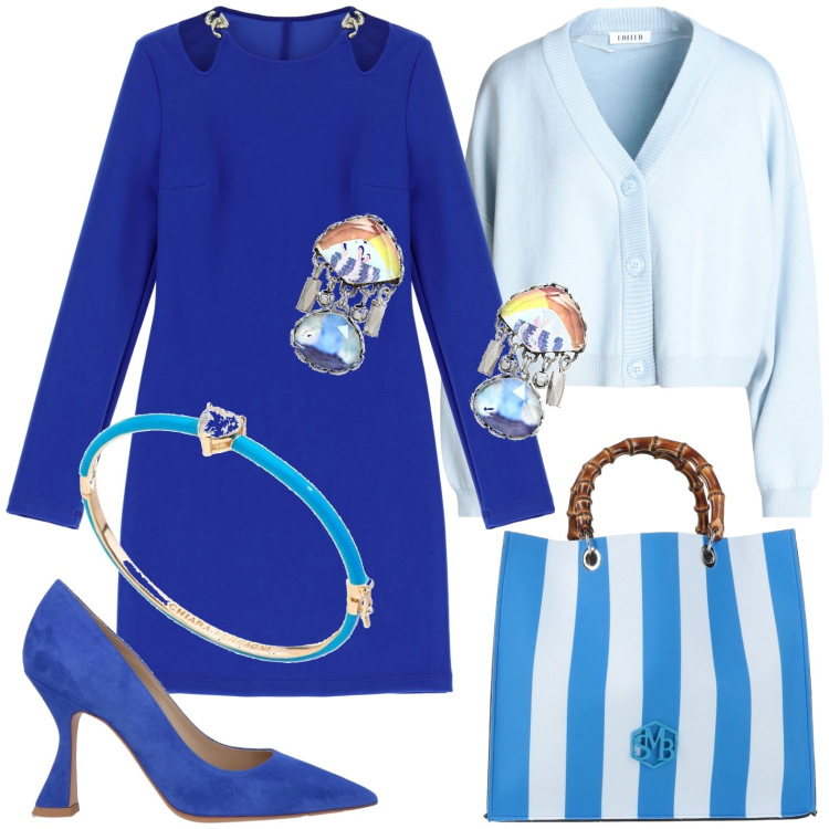 Outfit donna - Nel blu dipinto di blu. Stile Casual per Tutti i giorni. Abbinamento con décolleté, borse a mano, orecchini, cardigans, braccialetti, vestiti.