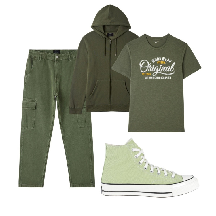 Outfit uomo - Total look #1814239. Stile Urban per Tutti i giorni. Abbinamento con sneakers alte, t-shirt, pantaloni cargo, felpe con cappuccio.