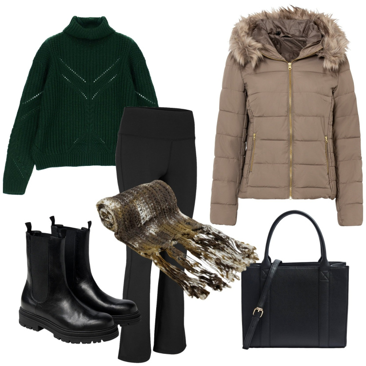 Outfit donna - Total look #1814266. Stile Casual per Tutti i giorni. Abbinamento con pantaloni sportivi, giacche, shopping bag, maglieria, sciarpe, stivaletti chelsea.