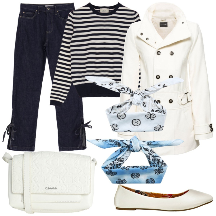 Outfit donna - Alla marinara. Stile Bon Ton per Tutti i giorni. Abbinamento con ballerine, blazer, borse a tracolla, fasce per capelli, jeans dritti, pullovers.