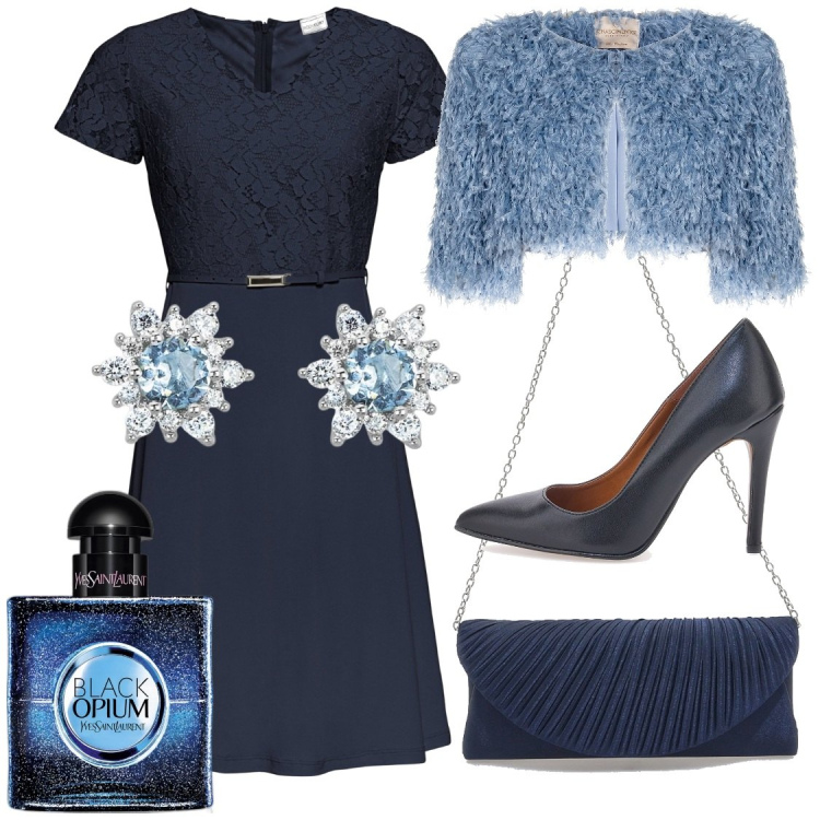 Outfit donna - Nel blu dipinto di blu. Stile Chic per Cerimonia. Abbinamento con vestiti corti, profumi, orecchini, bolero, pochette, décolleté.
