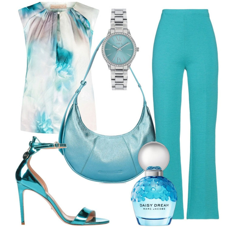 Outfit donna - Grazie dei fiori di Nilla Pizzi. Stile Chic per Cerimonia. Abbinamento con pantaloni, orologi, sandali in pelle, profumi, top, borse a spalla.
