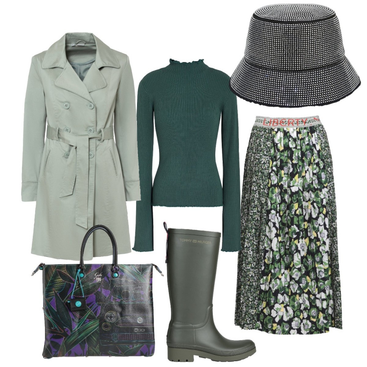 Outfit donna - Piove-Ciao ciao bambina Modugno. Stile Bon Ton per Tutti i giorni. Abbinamento con trench, gonne longuette, borse a mano, maglieria, stivali di gomma, cappelli.