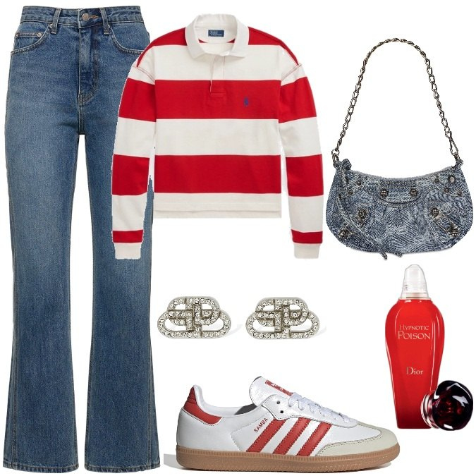 Outfit donna - Total look #1814310. Stile Trendy per Tutti i giorni. Abbinamento con profumi, maglieria, sneakers, jeans dritti, orecchini, borse a spalla.