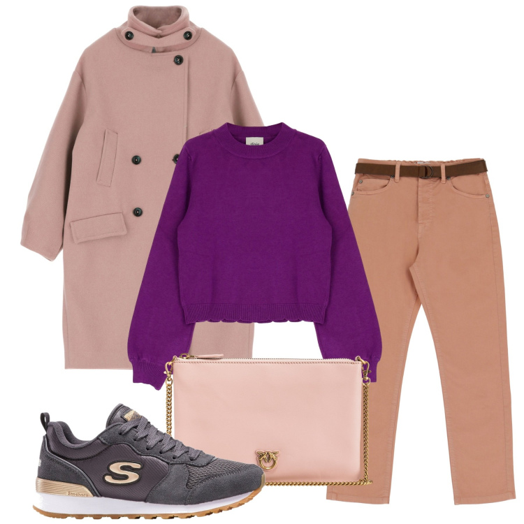 Outfit donna - Inverno. Stile Basic per Tutti i giorni. Abbinamento con sneakers, borse a tracolla, pantaloni, cappotti, pullovers.