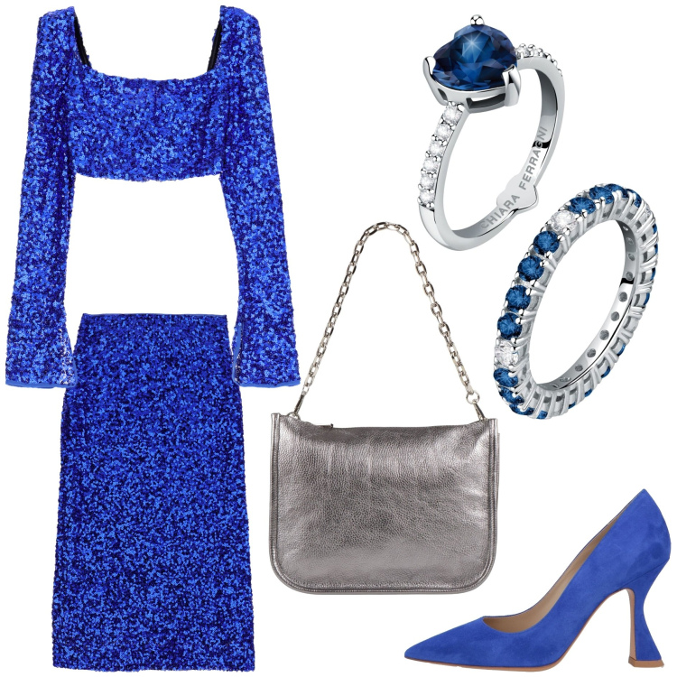 Outfit donna - Nel blu dipinto di blu. Stile Glamour per Serata fuori. Abbinamento con décolleté, anelli, borse a spalla, anelli, gonne longuette, maglieria.