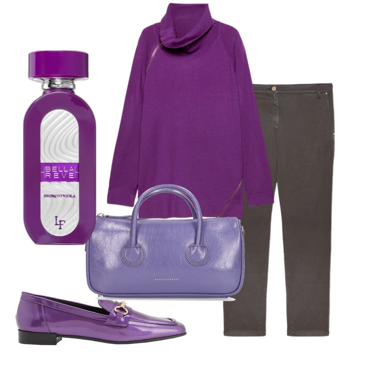 Outfit donna - Inverno. Stile Bon Ton per Tutti i giorni. Abbinamento con profumi, mocassini, maglieria, pantaloni, borse a mano.