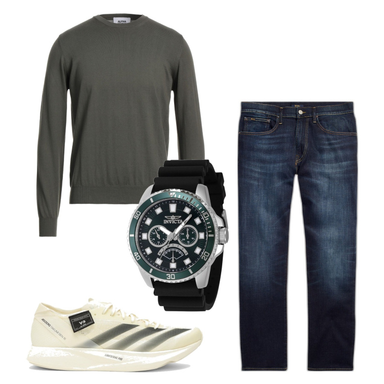 Outfit uomo - Inverno. Stile Casual per Tutti i giorni. Abbinamento con pullovers, orologi, jeans dritti, sneakers.