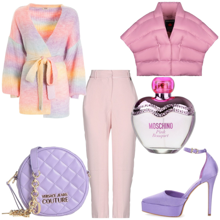 Outfit donna - I giorni dell\'arcobaleno. Stile Glamour per Tutti i giorni. Abbinamento con borse a tracolla, pantaloni, profumi, cardigans, cappe, décolleté.