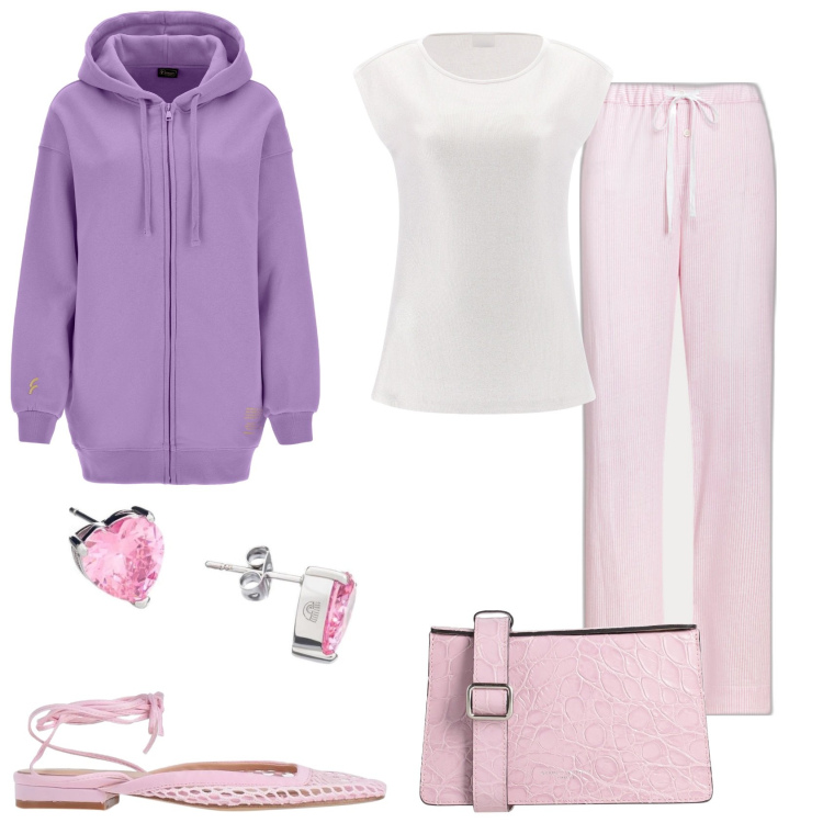 Outfit donna - Il rosa in viola. Stile Casual chic per Tutti i giorni. Abbinamento con ballerine, borse a tracolla, orecchini, felpe con cappuccio, t-shirt, pantaloni.