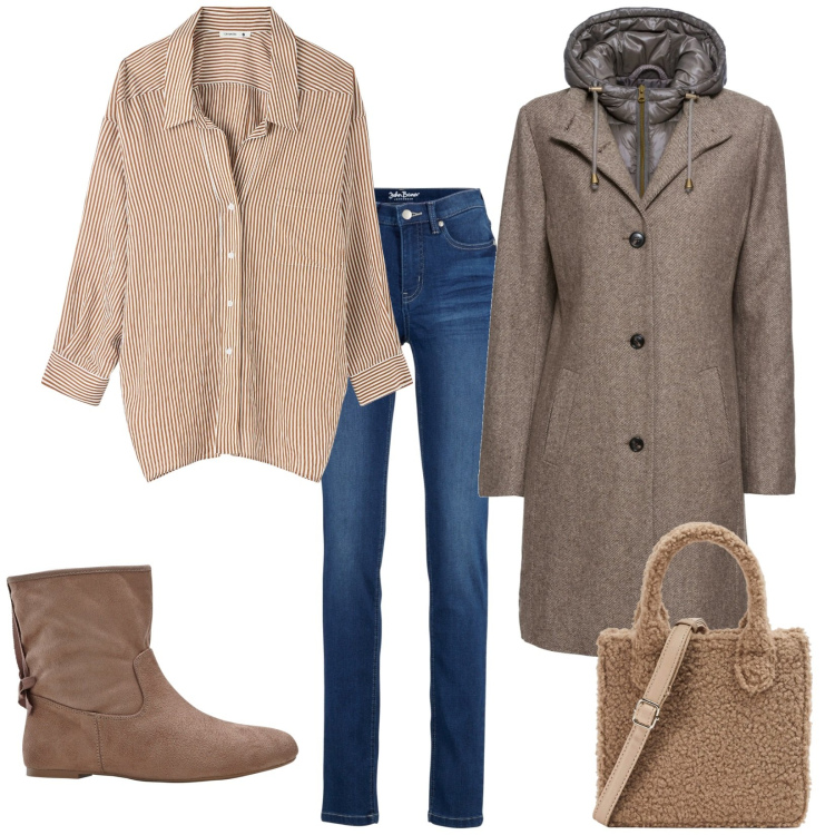 Outfit donna - Total look #1814378. Stile Casual per Tutti i giorni. Abbinamento con cappotti, jeans slim fit, stivaletti, camicie, shopping bag.