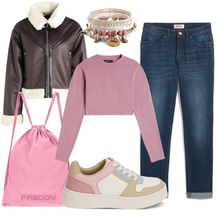Outfit donna - Carlotta: la sportiva. Stile Casual per Scuola/Università. Abbinamento con braccialetti, jeans dritti, blazer, zaini, maglieria, sneakers.