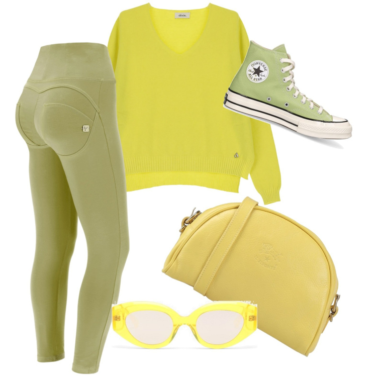 Outfit donna - Primi raggi di sole. Stile Casual per Tutti i giorni. Abbinamento con borse a tracolla, pantaloni skinny, pullovers, sneakers, occhiali da sole.