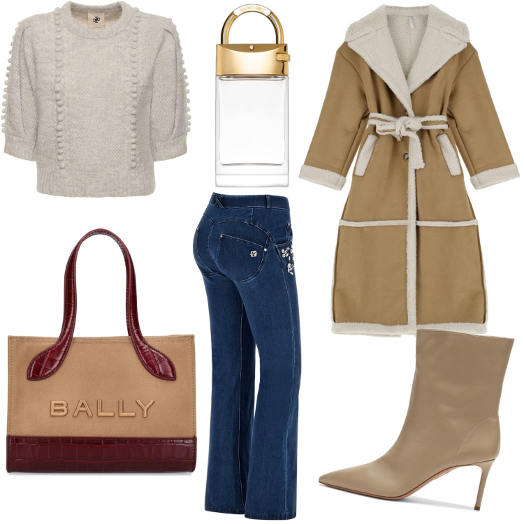 Outfit donna - Trendy in saldo. Stile Trendy per Tutti i giorni. Abbinamento con profumi, cappotti, jeans, stivaletti, borse a mano, maglieria.