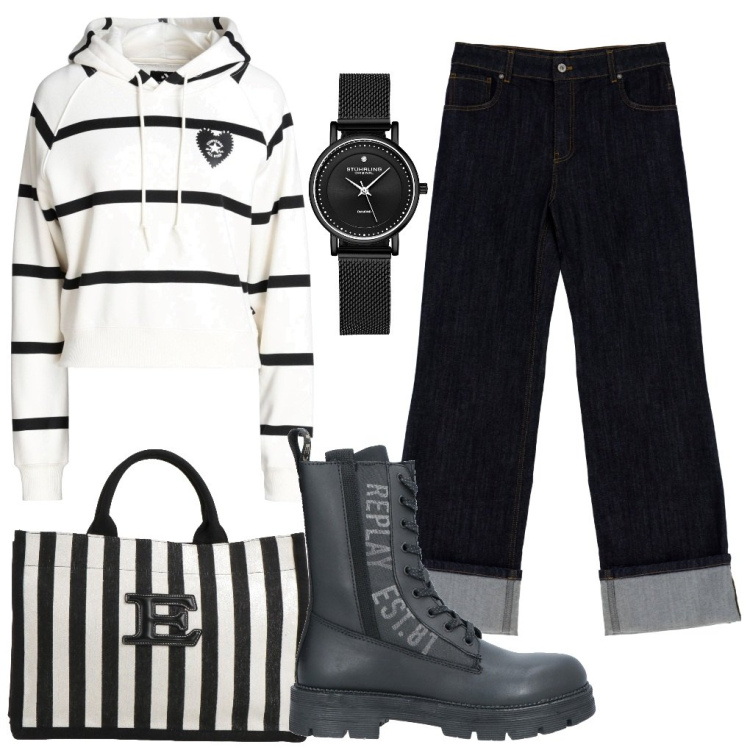 Outfit donna - Rita: a righe. Stile Urban per Tutti i giorni. Abbinamento con anfibi, borse a mano, felpe con cappuccio, orologi, jeans.