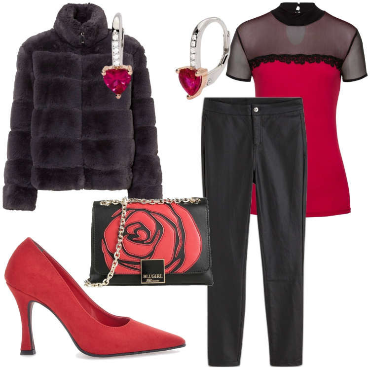 Outfit donna - "Grande Amore"2015. Stile Chic per Serata fuori. Abbinamento con ecopellicce, maglieria, pantaloni, borse a tracolla, orecchini, décolleté.