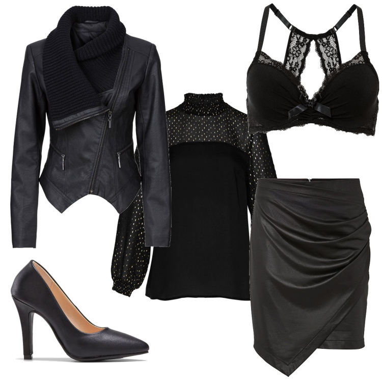 Outfit donna - Total look #1814456. Stile Casual chic per Serata fuori. Abbinamento con blazer, tuniche, reggiseni, gonne, décolleté.
