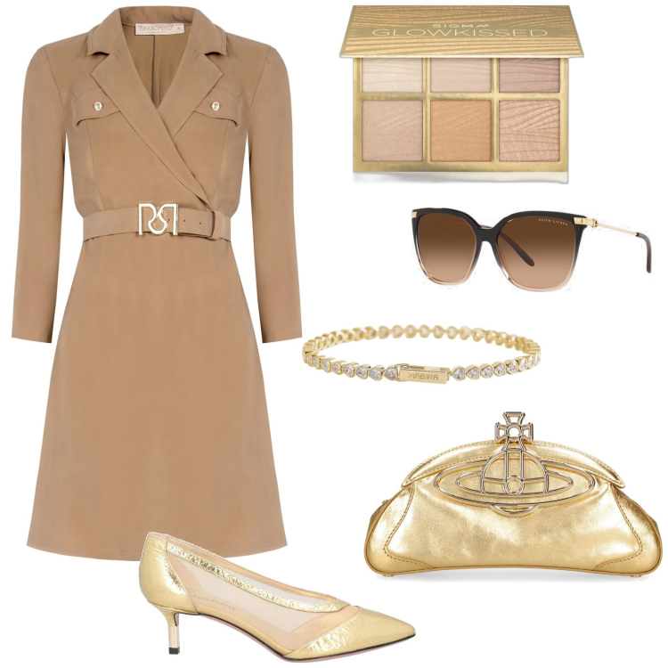 Outfit donna - Mi piace così. Stile Chic per Cerimonia. Abbinamento con décolleté, blush, braccialetti, vestiti chemisier, occhiali da sole, pochette.