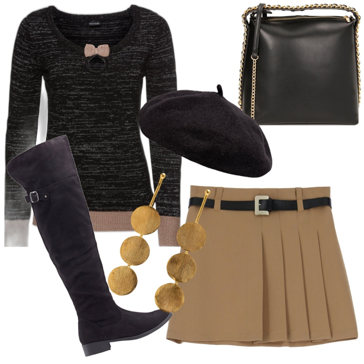 Outfit donna - Mini e stivali sopra il ginocchio. Stile Rock per Tutti i giorni. Abbinamento con maglieria, stivali sopra il ginocchio, minigonne, borse a mano, cappelli e berretti, orecchini.