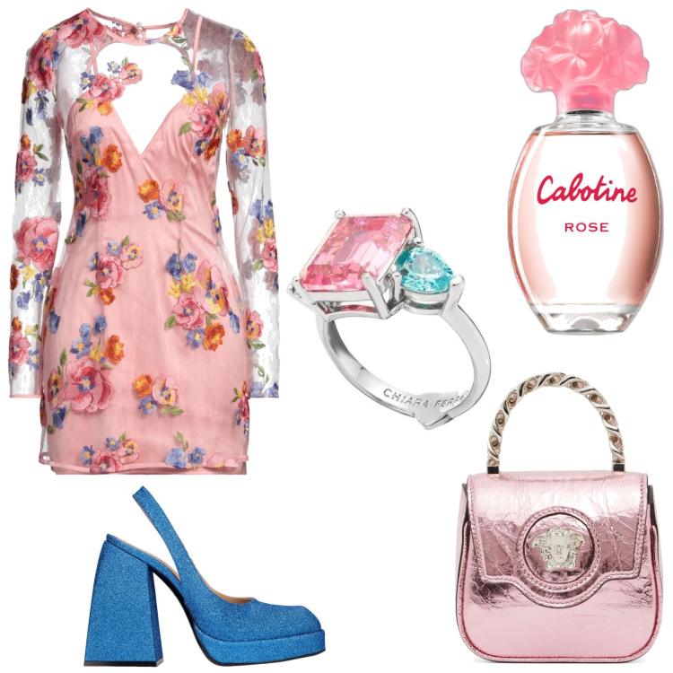 Outfit donna - Grazie del fior. Stile Romantica per Cerimonia. Abbinamento con vestiti corti, anelli, profumi, décolleté, borse a mano.