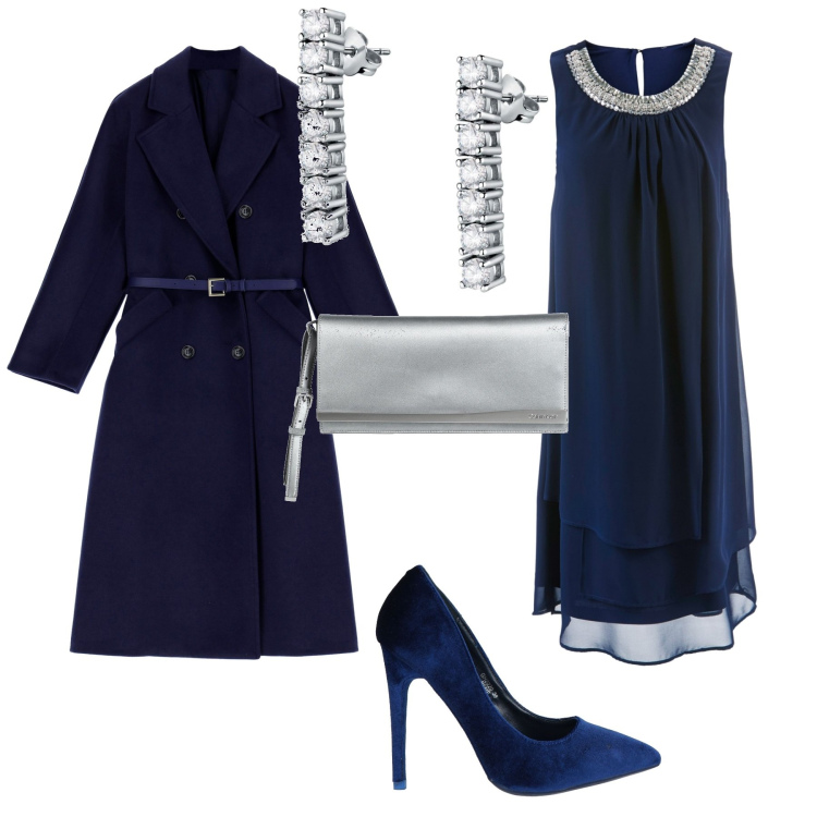 Outfit donna - Evento o cerimonia....blue night. Stile Chic per Cerimonia. Abbinamento con vestiti, décolleté, orecchini, borse a mano, cappotti.